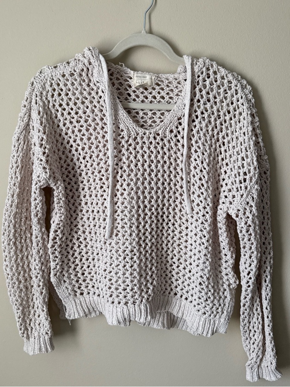 Light Cream Open-Knit Hooded Sweater